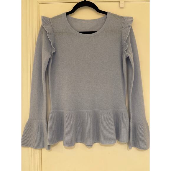 QI CASHMERE SAKS FIFTH AVENUE Lt Blue Ruffle Trim Bell Sleeve Peplum Sweater M - Picture 1 of 8